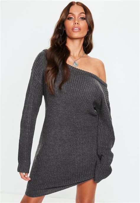 Missguided Dark Gray Off Shoulder Knitted Sweater Dress One