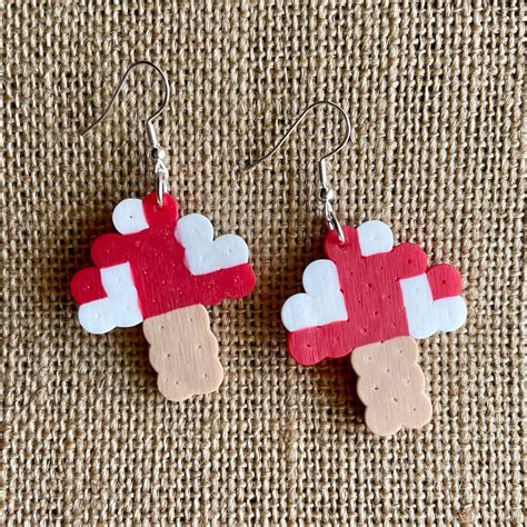 Red Mushroom Perler Bead Earrings Hypoallergenic Hooks Etsy