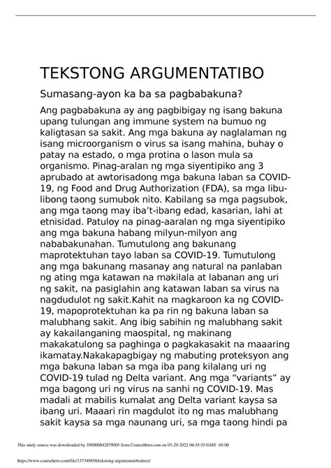 Tekstong Argumentatibo Docx Tekstong Argumentatibo Sumasang Ayon Ka