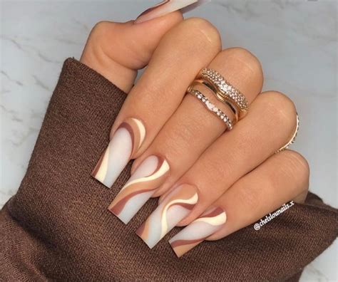 Chocolate And Vanilla Swirl Brown Acrylic Nails Long Acrylic