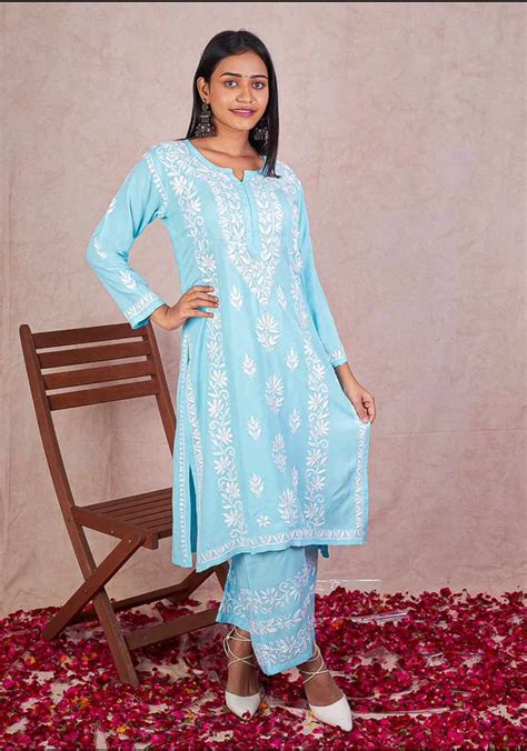 Sky Blue Rayon Kurta Set With Chikankari Hand Embroidery Chikankari Closet