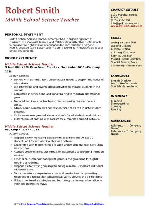 Middle School Science Teacher Resume Samples Qwikresume