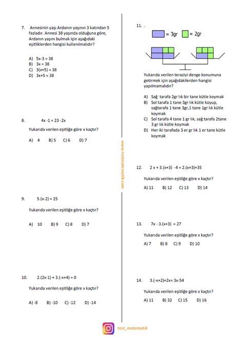 Sinif E Tl K Ve Denklemler Test Test Matematik