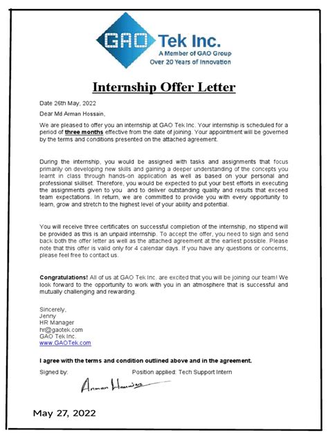 Internship Offer Letter Gao Tek Inc Am Pdf