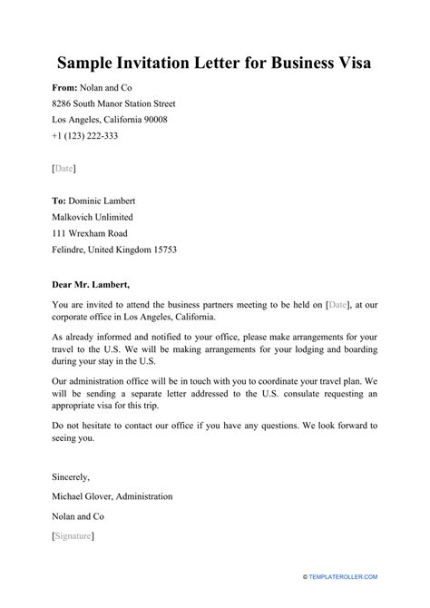 Sample Invitation Letter For Business Visa Fill Out Sign Online And Download Pdf Templateroller