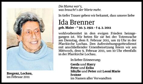 Todesanzeigen Von Ida Brenner Todesanzeigen Vorarlberger Nachrichten