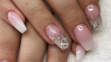 Acrylic Nails Pink And White Ombre Silver Glitter Youtube