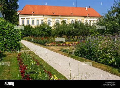 Colorful flower beds and historical orchard, court garden, palace garden, Dachau castle, Dachau ...