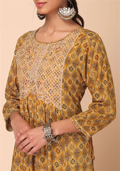 Buy Women Mustard Floral Print Muslin Anarkali Kurta Everyday Ethnic