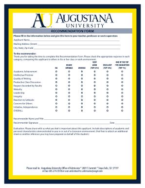 Fillable Online Augie Recommendation Form Augustana University Fax