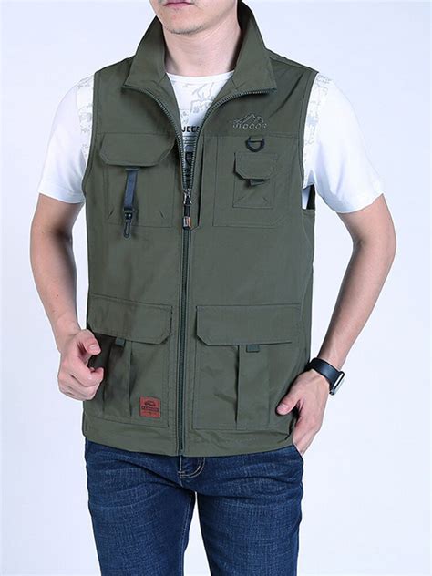 Mens Fashion Multi Pockets Solid Color Loose Fit Casual Vest Us