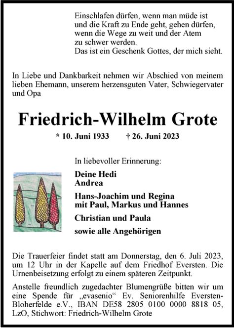 Traueranzeigen Von Friedrich Wilhelm Grote Nordwest Trauer De