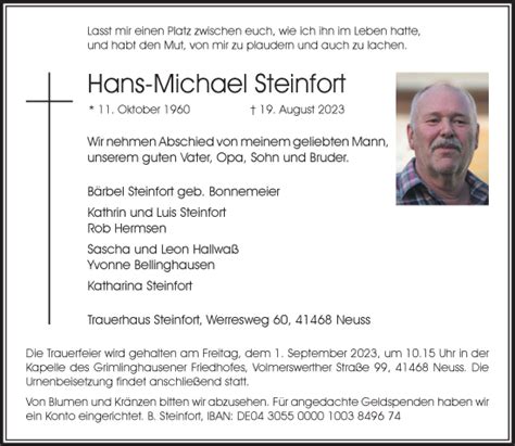 Alle Traueranzeigen für Hans Michael Steinfort trauer rp online de