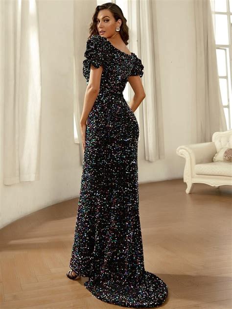 Missord Square Neck Puff Sleeve Split Thigh Sequins Formal Dress