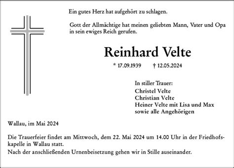 Traueranzeigen Von Reinhard Velte Vrm Trauer De