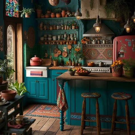 Eclectic Bohemian Kitchen With Blue Cabinets And Green Walls