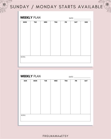 Weekly Planner Printable Landscape Minimalist Weekly Etsy Uk