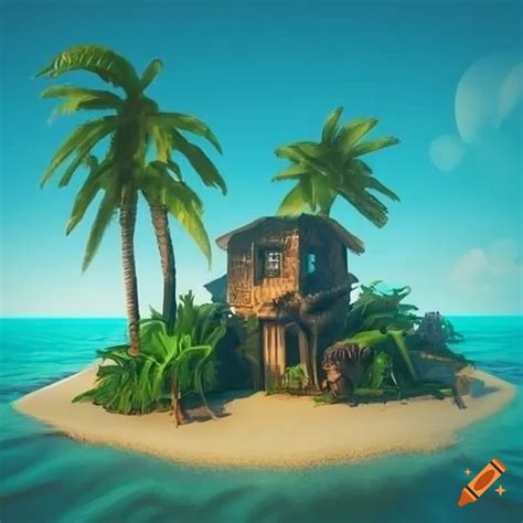 2d art of a small island with dinosaurs and palm trees on Craiyon