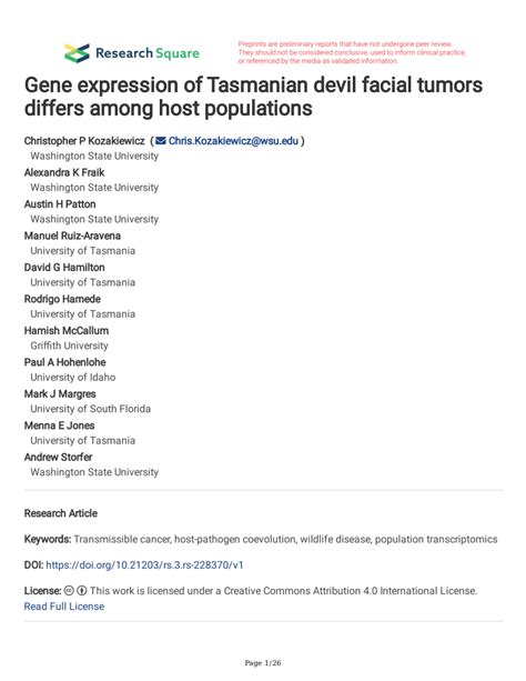 (PDF) Gene expression of Tasmanian devil facial tumors differs among ...