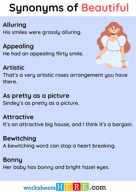 Synonyms of Beautiful Words List and Example Sentences PDF Worksheet ...