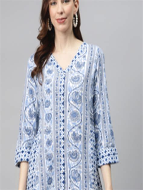 Buy Global Desi Women Blue And Off White Ethnic Motifs Print Sustainable