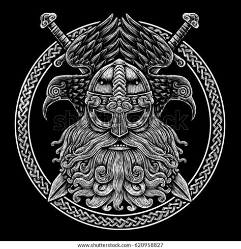 Norse God Odin Crows Swords Graphic Stock Illustration