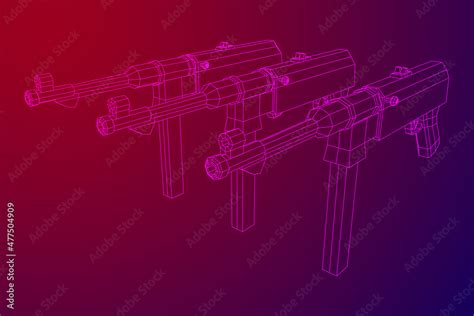 Submachine gun german MP 40 world war 2 firearms pistol. Wireframe low poly mesh vector ...