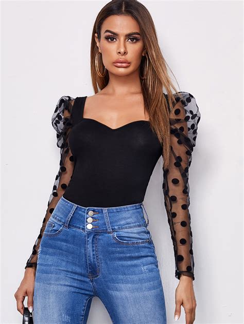 Sweetheart Neck Polka Dot Flocked Mesh Gigot Sleeve Top Shein Usa