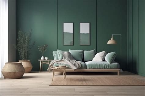 Premium AI Image | A green living room with a sofa and a plant on the wall.