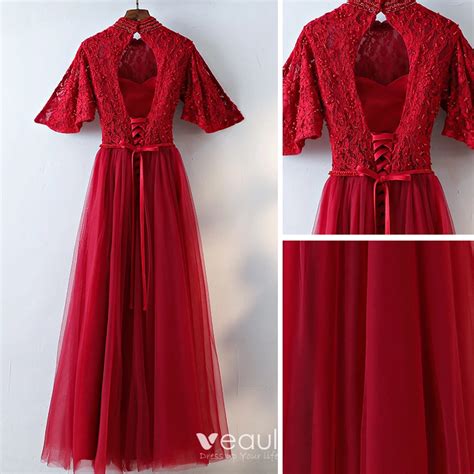 Chic Beautiful Red Evening Dresses 2017 A Line Princess Lace Flower