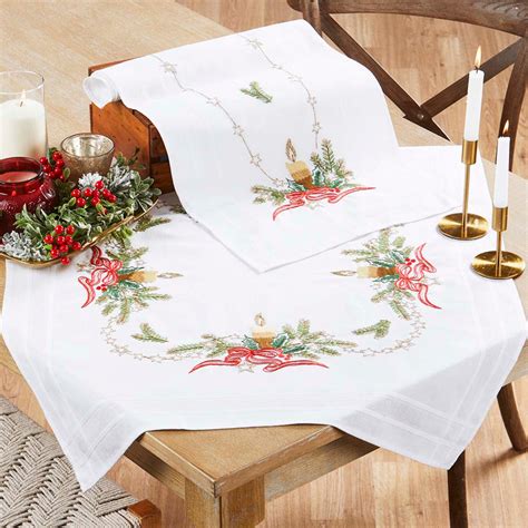 Herrschners Candle With Red Bow Table Topper And Table Runner Set Stamped