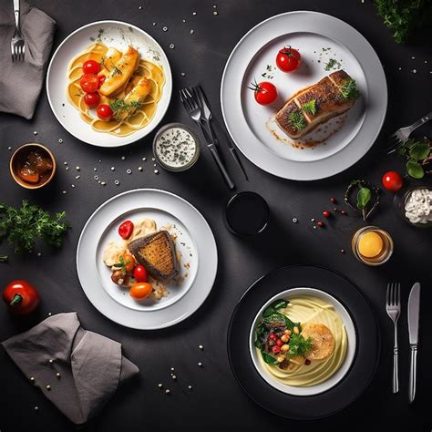 Premium AI Image | Top View of Restaurant Dishes in Exquisite Cuisine