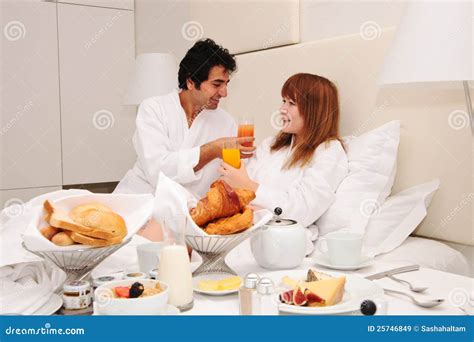 Young Couple Having Breakfast In Bed Stock Image Image Of Couple