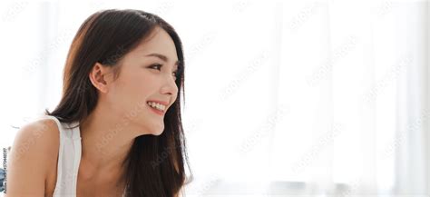 Smiling Of Cheerful Beautiful Pretty Asian Woman Clean Fresh Healthy White Skin Posing In White