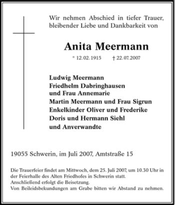 Traueranzeigen Von Anita Meermann Trauer In Nrw De