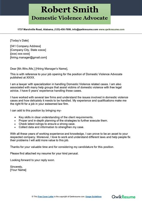 Domestic Violence Advocate Cover Letter Examples Qwikresume