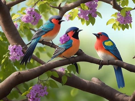 Aves en una rama con hojas y un pájaro volando en el fondo Foto Premium