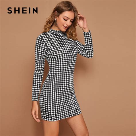 Mock Neck Houndstooth Print Long Sleeve Dress Rk Loveitbabe Long