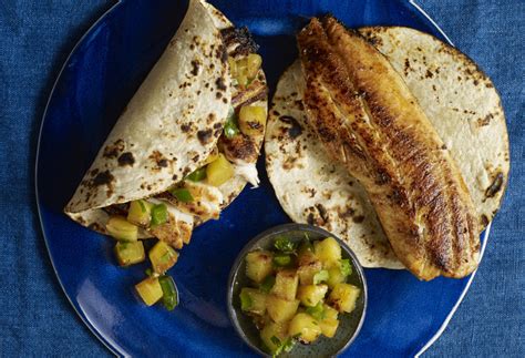 Pati Jinich Adobo Fish Tacos With Grilled Pineapple Salsa