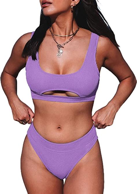 Women S Cutout Crop Top Bikini Set Sports Pieces Cheeky High Waisted WF Shopping