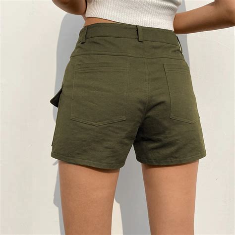 Army Green Solid Colored High Waist Cargo Women S Shorts Etsy