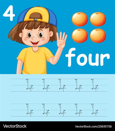 How To Write Number Four Worksheet Royalty Free Vector Image