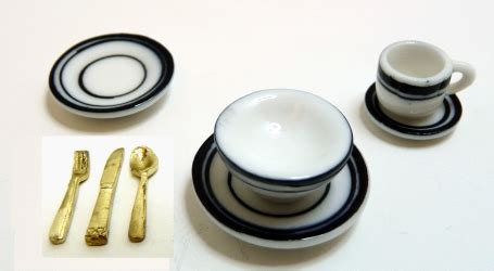 Black Trim Ceramic Dinner Set For One W Goldware 8pc Mary S