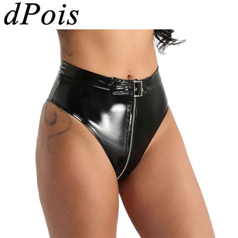 Ranrann Womens Wet Look Pvc Leather Zipper Open Crotch Booty Shorts