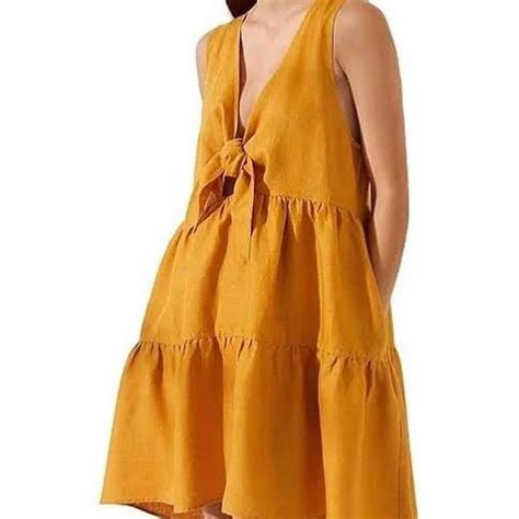 Saba Size Xs Mustard Lila Linen Sleeveless Tiered Dress Airrobe