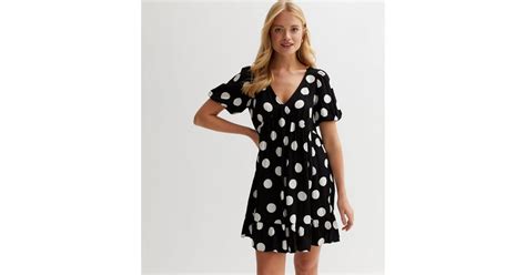 Black Spot Puff Sleeve Mini Smock Dress New Look