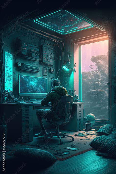 futuristic guy room in cyberpunk dystopia, concept art illustration ...