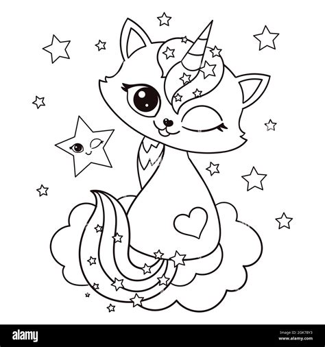 Cute cat unicorn.Black and white linear image.Vector Stock Vector Image ...