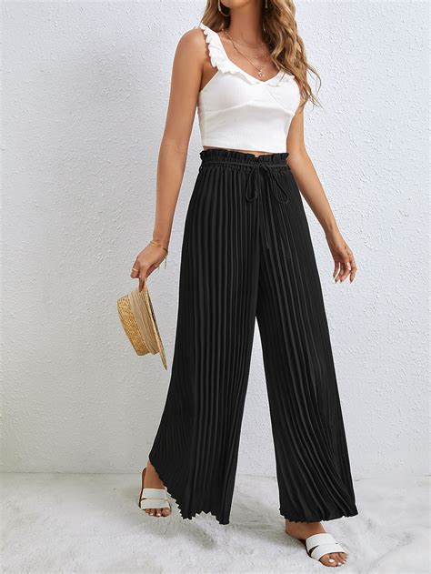 Shein Frenchy Paperbag Waist Pleated Wide Leg Belted Pants Shein Usa