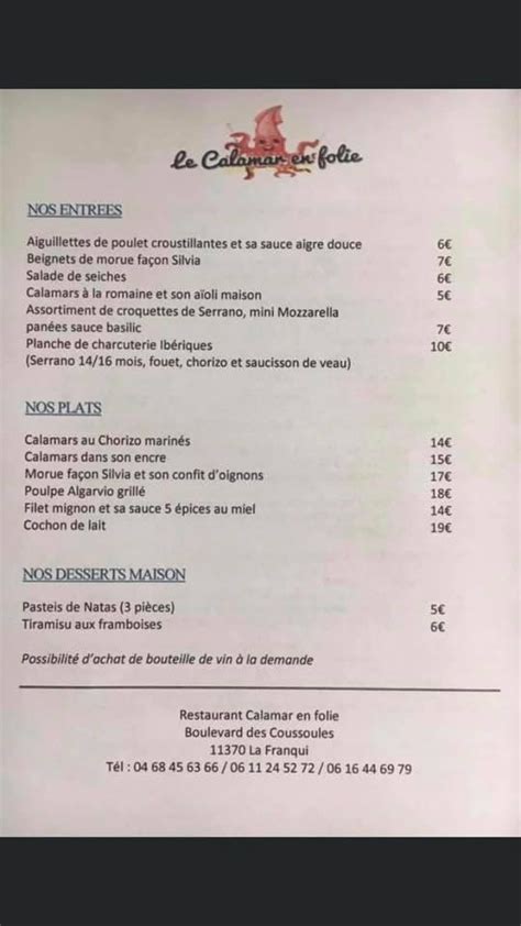 Menu au Restaurant Le Calamar en Folie Leucate Leucate le Méridien